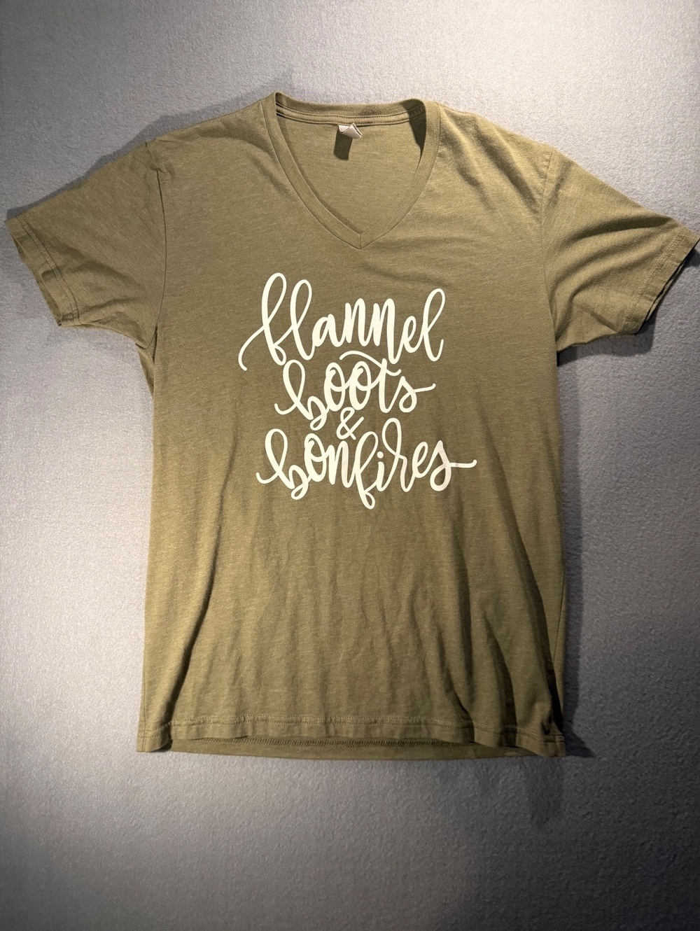 Olive Green V-Neck T-Shirt with 'Flannel Boots & Bonfires' Print, Size M